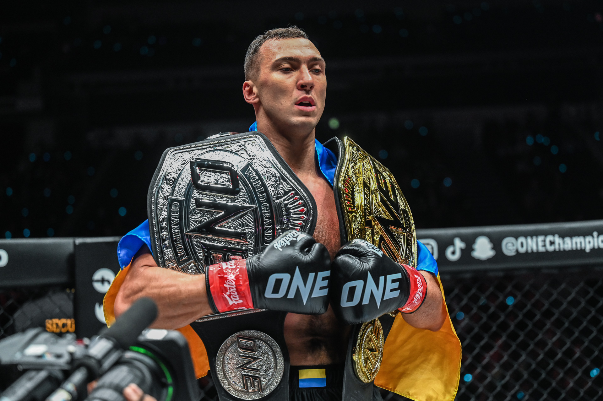 Roman Kryklia with ONE Heavyweight Kickboxing World Grand Prix belt at ONE 163